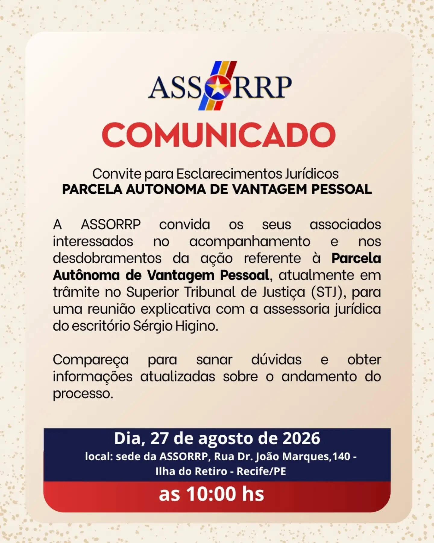 Photo by ASSORRP on August 19, 2026. May be an image of poster, pie and text that says 'ASSORRP ASS RRP COMUNICADO Convite para Esclarecimentos Jurídicos PARCELA AUTONOMA DE VANTAGEM PESSOAL A ASSORRP
